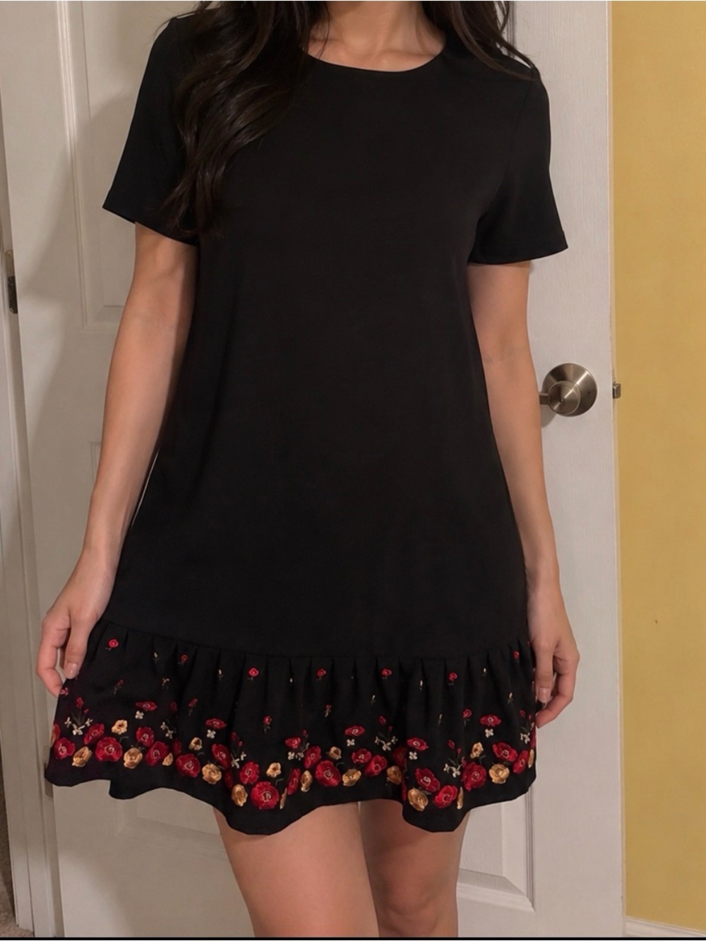 Calvin Klein Black Mini Dress with Red & Gold Floral Hem